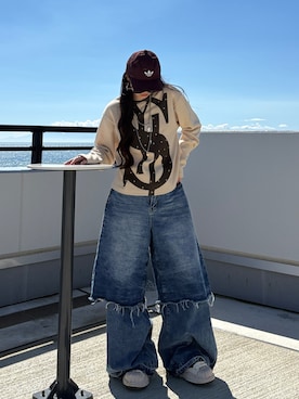 「アイテム（帽子、レッド系）」を使った、saraha さん（レディース・163cm）の秋コーディネート