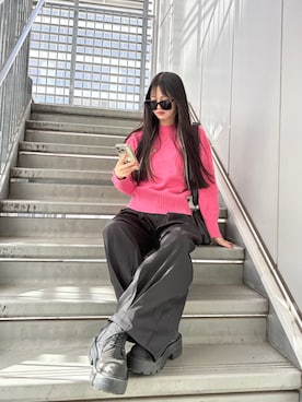 「Honeys（ハニーズ）のベルト付ショルダーバッグ（ショルダーバッグ、ブラック系）」を使った、saraha さん（レディース・163cm）の春コーディネート