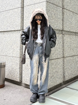 「アイテム（ベルト）」を使った、sara さん（レディース・163cm）の冬コーディネート