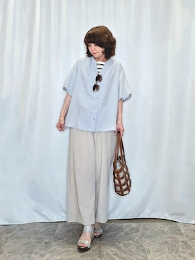 「SHOO・LA・RUE（シューラルー）の【S-LL/洗濯機可】バルーンスリーブ　キーネックブラウス（シャツ/ブラウス、ブルー系）」を使った、ぬーさん（レディース・145cm）の夏コーディネート