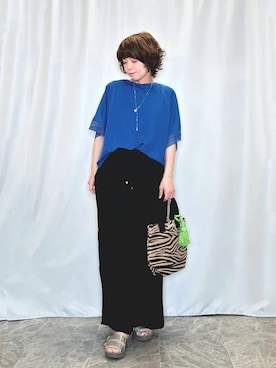 「SHOO・LA・RUE（シューラルー）の【ひんやり/UV】お袖レースが上品 ゆったりとろみトップス（Tシャツ/カットソー、ブルー系）」を使った、ぬーさん（レディース・145cm）の夏コーディネート
