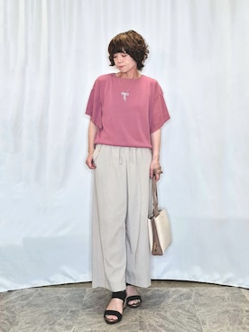 「SHOO・LA・RUE（シューラルー）の【S-LL/ひんやり/洗濯機可】インせず着られる ひらり袖ニット（ニット/セーター、ピンク系）」を使った、ぬーさん（レディース・145cm）の夏コーディネート