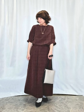 「SHOO・LA・RUE（シューラルー）の【セットアップ可/S-LL】夏でも感じられる秋気分 モールチェックタックスリーブ ブラウス（シャツ/ブラウス、ブラウン系）」を使った、ぬーさん（レディース・145cm）の夏コーディネート