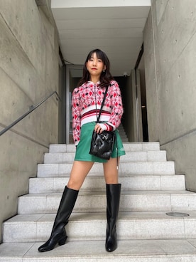 「DIESEL（ディーゼル）のレディース カーフレザー ロングブーツ（ブーツ、ブラック系）」を使った、Chikanoさん（レディース・162cm）の秋コーディネート