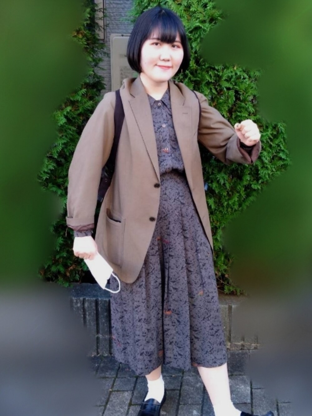 「レトロ、复古、vintage、格安コーデ」｜「usedのアイテム（ワンピース、グレー系）」を使った、松八さん（レディース・157cm）の秋コーディネートの1枚目の写真