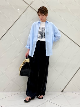 「URBAN RESEARCH DOORS（アーバンリサーチドアーズ）のラミー混ルーズシャツ（シャツ/ブラウス、ブルー系）」を使った、IKUさん（レディース・161cm）の夏コーディネート