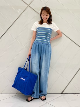 「かぐれ（カグレ）のフェードデニムイージーパンツ（デニムパンツ、ブルー系）」を使った、IKUさん（レディース・161cm）の春コーディネート
