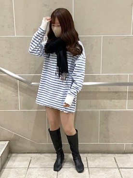 「one after another NICE CLAUP（ワンアフターアナザーナイスクラップ）のゆるっとメローボーダートップス（Tシャツ/カットソー）」を使った、ゆうかさん（レディース・155cm）の冬コーディネート