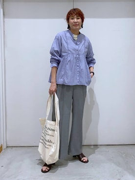 「GLOBAL WORK（グローバルワーク）のイージーケアリネンストレートパンツ/600994（その他パンツ、グレー系）」を使った、osumiさん（レディース・174cm）の春コーディネート