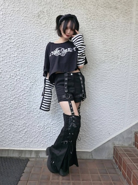 「Amilige（アミリージュ）のレースアップレッグウォーマー付きショートパンツ（Tシャツ/カットソー、ブラック系）」を使った、Amilige_officialさん（レディース・157cm）の春コーディネート