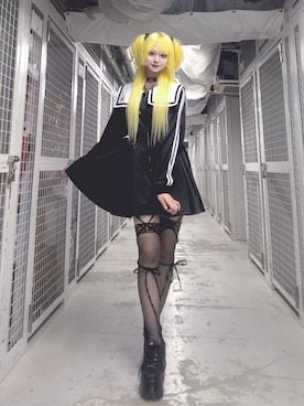 「Amilige（アミリージュ）のセーラーカラーサイドあきジャージワンピース（ワンピース、ブラック系）」を使った、Amilige_officialさん（レディース・157cm）の春コーディネート