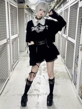 「Amilige（アミリージュ）のStitched Bearプリントクロップドトップス（Tシャツ/カットソー、ブラック系）」を使った、Amilige_officialさん（レディース・157cm）の春コーディネート