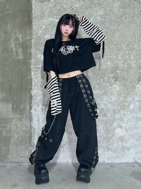 「Amilige（アミリージュ）のナイロンハトメサスペンダー付きワイドパンツ（その他パンツ、ブラック系）」を使った、Amilige_officialさん（レディース・161cm）の夏コーディネート
