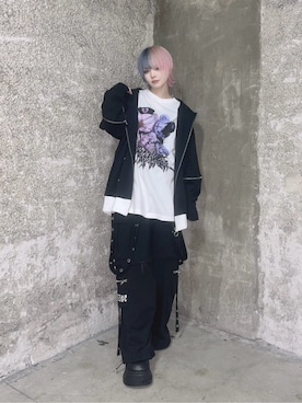 「Amilige（アミリージュ）のクマ耳スタッズ付きパーカー（パーカー、ブラック系）」を使った、Amilige_officialさん（レディース・157cm）の春コーディネート