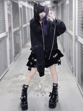 「Amilige（アミリージュ）の猫耳袖ZIPショート丈パーカー（パーカー、ブラック系）」を使った、Amilige_officialさん（レディース・157cm）の春コーディネート