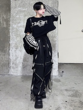 「Amilige（アミリージュ）のStitched Bearプリントクロップドトップス（Tシャツ/カットソー、ブラック系）」を使った、Amilige_officialさん（レディース・157cm）の春コーディネート