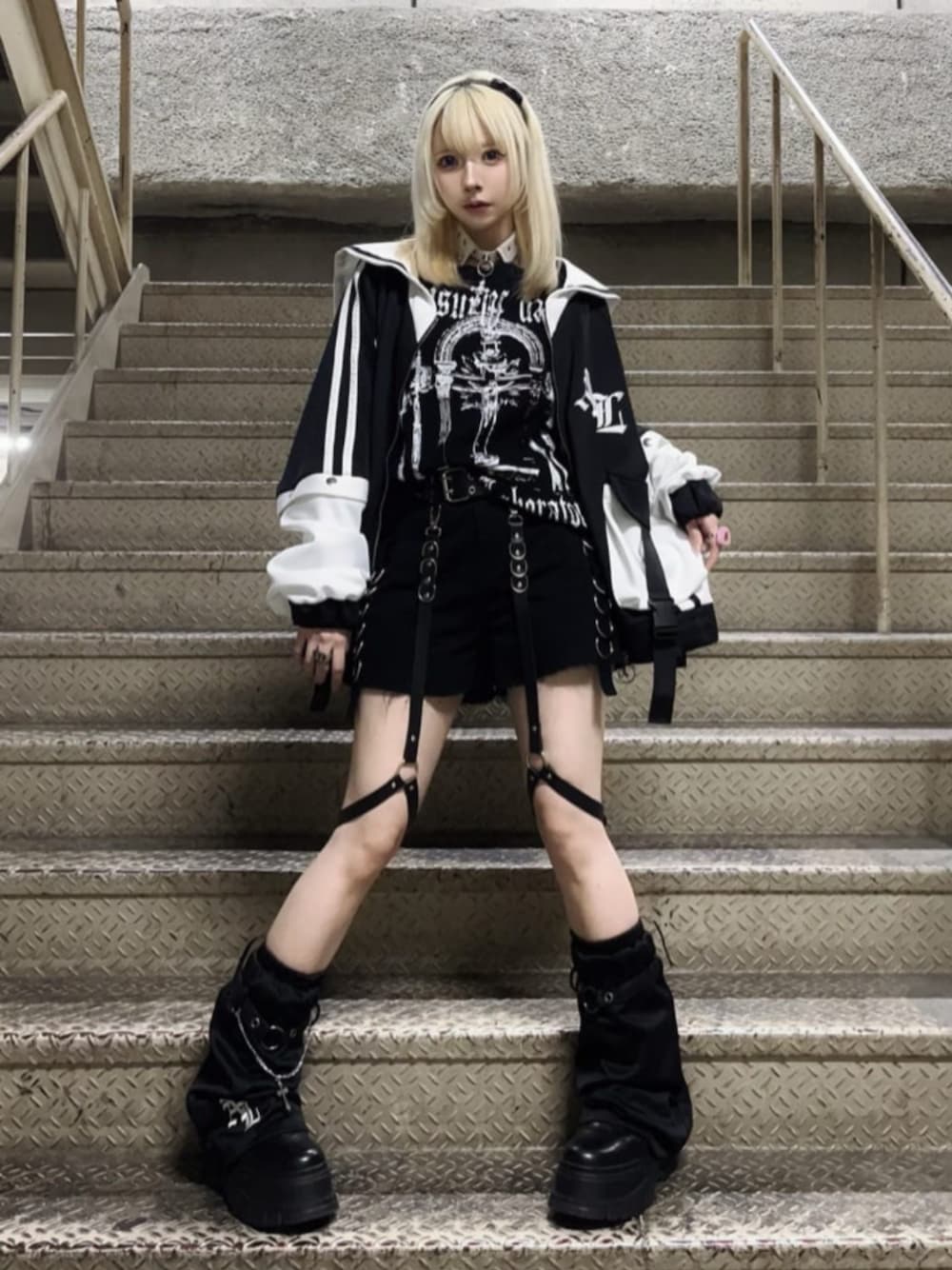 「最近のいい感じコーデ、ミニスカート、モノトーン、スポーツミックス、韓国ファッション、ショートパンツ、春服、パンツスタイル、地雷、サブカル、骨格ウェーブ、病みかわいい、Amilige、セットアップ、ユニセックス」｜「AmiligeのSatanバックプリントセーラーZIPジャージTOPS（ジャージ、ブラック系）」を使った、Amilige_officialさん（骨格ウェーブ・レディース・155cm）の春コーディネートの1枚目の写真