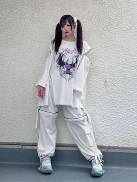 「Amilige（アミリージュ）のDevil bat Bear ZIP Tシャツ（Tシャツ/カットソー、ホワイト系）」を使った、Amilige_officialさん（レディース・161cm）の夏コーディネート