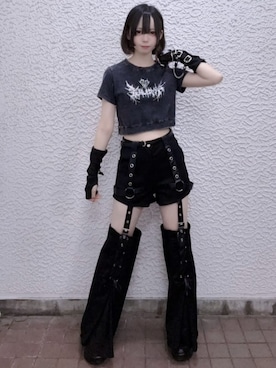 「Amilige（アミリージュ）のレースアップレッグウォーマー付きショートパンツ（Tシャツ/カットソー、ブラック系）」を使った、Amilige_officialさん（レディース・161cm）の夏コーディネート