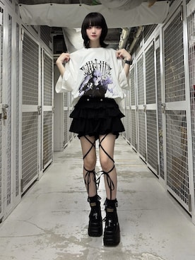 「Amilige（アミリージュ）のハイウエストエンブレムボタン付きフリルパンツ（その他パンツ、ブラック系）」を使った、Amilige_officialさん（レディース・157cm）の春コーディネート