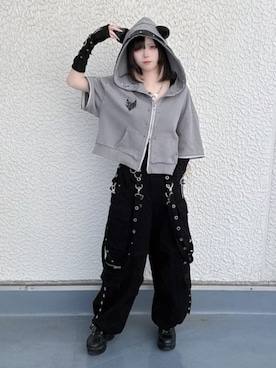 「Amilige（アミリージュ）のサスペンダー付きワイドパンツ（その他パンツ、ブラック系）」を使った、Amilige_officialさん（レディース・157cm）の春コーディネート