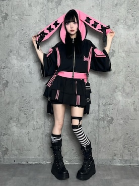 「Amilige（アミリージュ）のハイウエストフリルジャージパンツ（その他パンツ、ブラック系）」を使った、Amilige_officialさん（レディース・161cm）の夏コーディネート