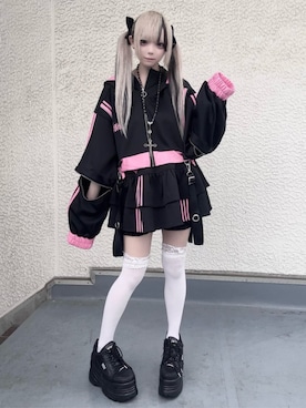 「Amilige（アミリージュ）のハイウエストフリルジャージパンツ（その他パンツ、ブラック系）」を使った、Amilige_officialさん（レディース・161cm）の夏コーディネート