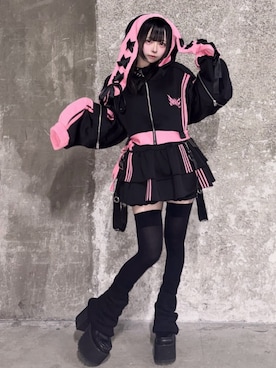 「Amilige（アミリージュ）のハイウエストフリルジャージパンツ（その他パンツ、ブラック系）」を使った、Amilige_officialさん（レディース・161cm）の夏コーディネート
