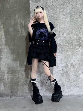 「Amilige（アミリージュ）のハイウエストエンブレムボタン付きフリルパンツ（その他パンツ、ブラック系）」を使った、Amilige_officialさん（レディース・161cm）の夏コーディネート