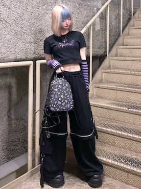 「Amilige（アミリージュ）のBandage Bear総柄プリントミニリュック（バックパック/リュック、ブラック系）」を使った、Amilige_officialさん（レディース・166cm）の夏コーディネート