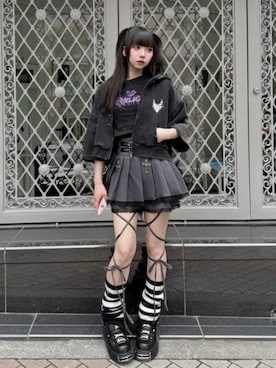 「Amilige（アミリージュ）の猫耳袖ZIPショート丈パーカー（パーカー、ブラック系）」を使った、Amilige_officialさん（レディース・161cm）の夏コーディネート
