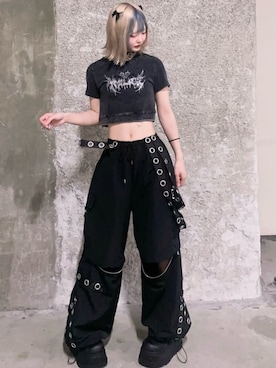 「Amilige（アミリージュ）のナイロンハトメサスペンダー付きワイドパンツ（その他パンツ、ブラック系）」を使った、Amilige_officialさん（レディース・166cm）の夏コーディネート
