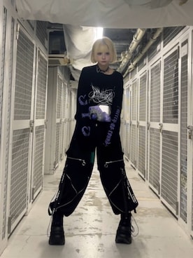 「Amilige（アミリージュ）のCoffin Bat BearロングTシャツ（Tシャツ/カットソー、ブラック系）」を使った、Amilige_officialさん（レディース・157cm）の春コーディネート