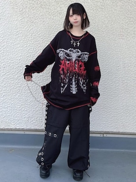 「Amilige（アミリージュ）のナイロンハトメサスペンダー付きワイドパンツ（その他パンツ、ブラック系）」を使った、Amilige_officialさん（レディース・157cm）の春コーディネート