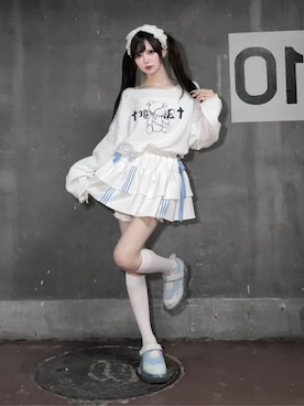 「Amilige（アミリージュ）のくぎベアプリントダメージガーゼトップス（Tシャツ/カットソー、ホワイト系）」を使った、Amilige_officialさん（レディース・161cm）の夏コーディネート