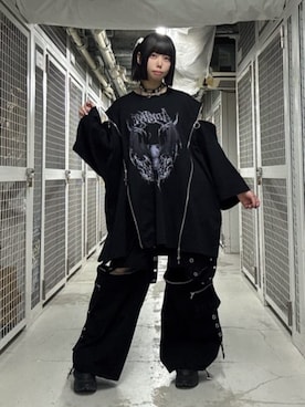 「Amilige（アミリージュ）のサスペンダー付きワイドパンツ（その他パンツ、ブラック系）」を使った、Amilige_officialさん（レディース・157cm）の春コーディネート