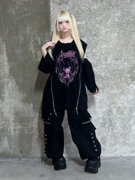 「Amilige（アミリージュ）のサスペンダー付きワイドパンツ（その他パンツ、ブラック系）」を使った、Amilige_officialさん（レディース・157cm）の春コーディネート