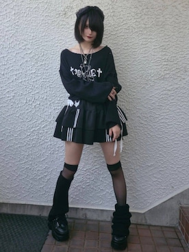 「Amilige（アミリージュ）のくぎベアプリントダメージガーゼトップス（Tシャツ/カットソー、ブラック系）」を使った、Amilige_officialさん（レディース・161cm）の夏コーディネート