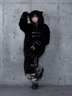 「Amilige（アミリージュ）のサスペンダー付きファーショートパンツ（その他パンツ、ブラック系）」を使った、Amilige_officialさん（レディース・163cm）の秋コーディネート