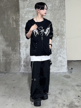「Amilige（アミリージュ）のクマ耳スタッズ付きパーカー（パーカー、ブラック系）」を使った、Amilige_officialさん（レディース・157cm）の春コーディネート