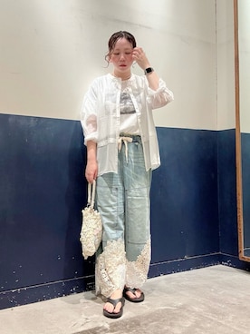 「etsinta（エシンタ）の【etsinta】リメイク裾レースデニムワイドパンツ（デニムパンツ、ブルー系）」を使った、ogitypyさん（レディース・165cm）の夏コーディネート
