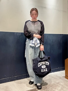 「CIAOPANIC TYPY（チャオパニックティピー）の【3サイズ展開】デニムバレルイージーパンツ（デニムパンツ、ブルー系）」を使った、ogitypyさん（レディース・165cm）の春コーディネート