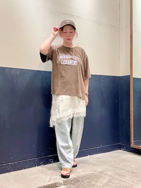 「CIAOPANIC TYPY（チャオパニックティピー）の∴アシッドウォッシュカレッジロゴオーバーTee（Tシャツ/カットソー、ブラウン系）」を使った、ogitypyさん（レディース・165cm）の夏コーディネート