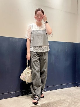 「CIAOPANIC TYPY（チャオパニックティピー）の【3サイズ展開/接触冷感】ピコレースツイルバレルパンツ（その他パンツ、グレー系）」を使った、ogitypyさん（レディース・165cm）の夏コーディネート