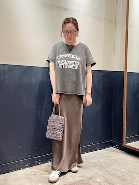 「CIAOPANIC TYPY（チャオパニックティピー）のアシッド加工裏毛フレンチスリーブロゴトップス（Tシャツ/カットソー、グレー系）」を使った、ogitypyさん（レディース・165cm）の春コーディネート