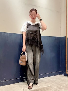 「CIAOPANIC TYPY（チャオパニックティピー）の:【TYNNE.】太柄ベルト2WAYペーパーバケツバッグ（トートバッグ、ブラウン系）」を使った、ogitypyさん（レディース・165cm）の夏コーディネート