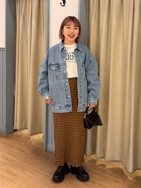 「新作」｜「アイテム（デニムジャケット）」を使った、nanamoueさん（レディース・154cm）の冬コーディネート