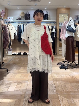 「LOWRYS FARM（ローリーズファーム）のバスケットワイドパンツ 637610（スラックス、ブラウン系）」を使った、nanamoueさん（レディース）の夏コーディネート