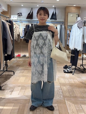 「LOWRYS FARM（ローリーズファーム）のワイドストレートデニムパンツ　607883（デニムパンツ、ブルー系）」を使った、nanamoueさん（レディース）の春コーディネート
