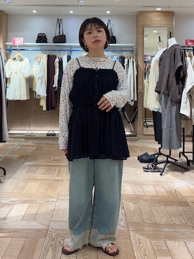 「LOWRYS FARM（ローリーズファーム）のギャザーキャミチュニック 1046070（キャミソール、ブラック系）」を使った、nanamoueさん（レディース）の夏コーディネート